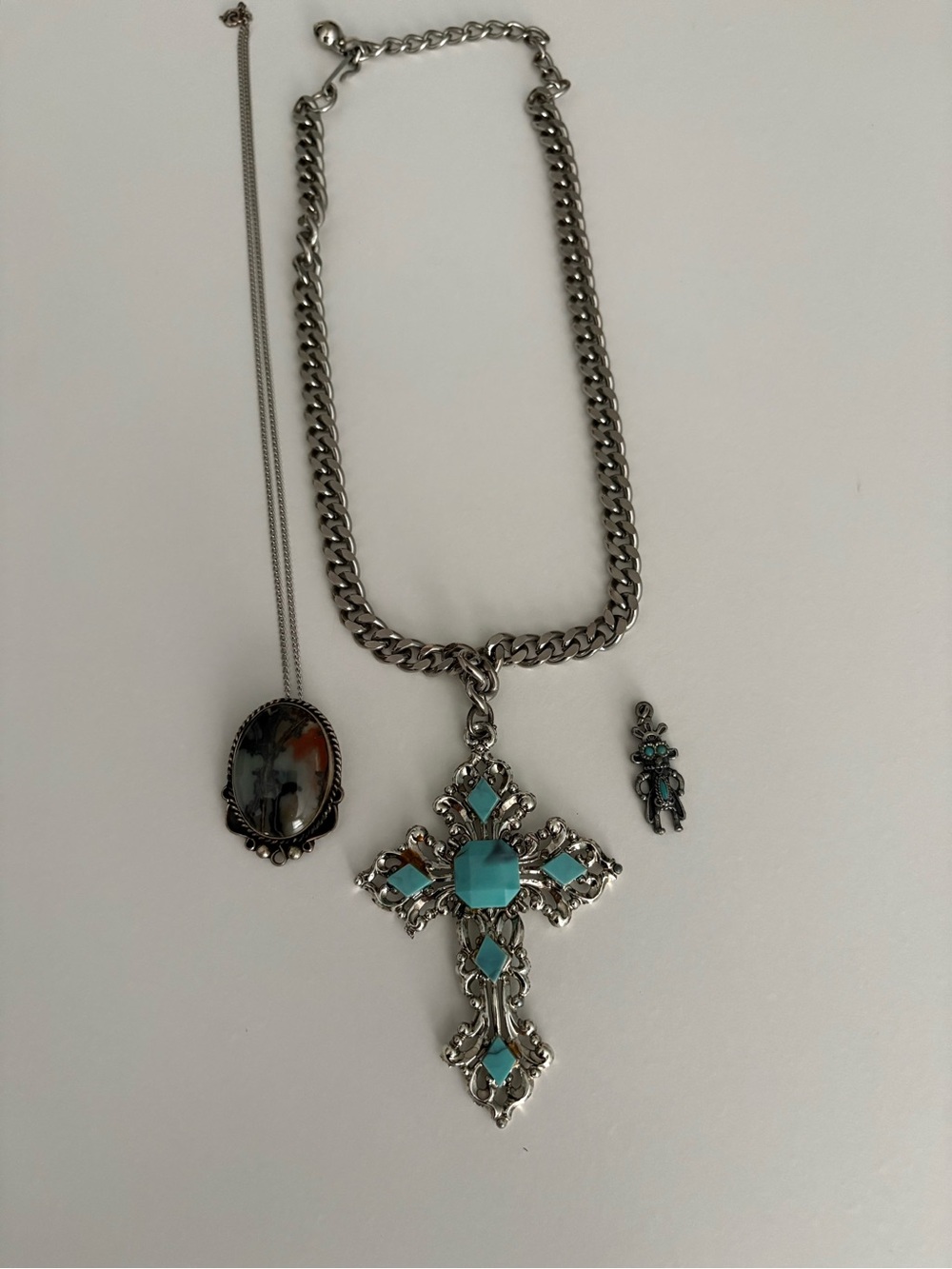 Silver-Tone Necklace with Turquoise Cross Pendant and Pin